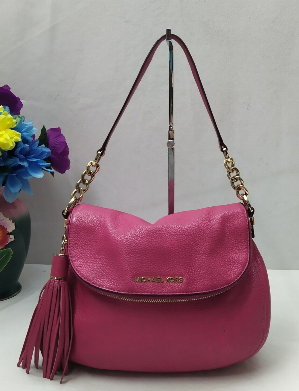 Michael Kors Pink Leather Tassel Zipper Flap Closure Hobo Shoulder Bag